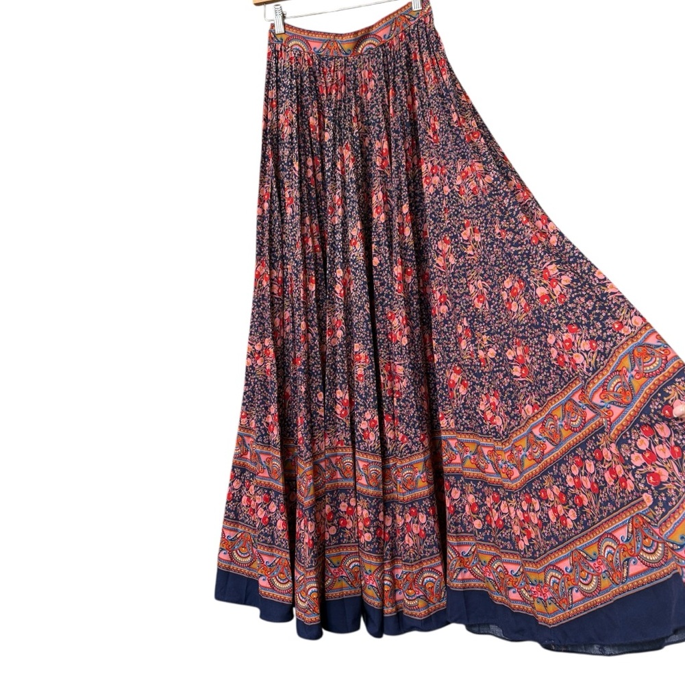 Vintage Elissa of California Blue Pink Pleated Maxi‎ Skirt 60’s 70’s Floral XS